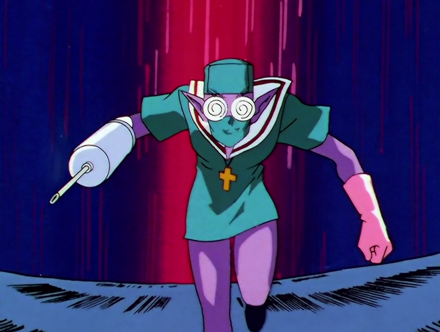 Sailor Doctor, a Phage from Sailor Moon episode 185. He’s a purple guy with pointed ears wearing surgeon’s scrubs. He has thick glasses and a pink rubber glove on one hand. The other hand has been replaced with a large syringe. He has the usual Phage sailor collar, and a large gold crucifix necklace.